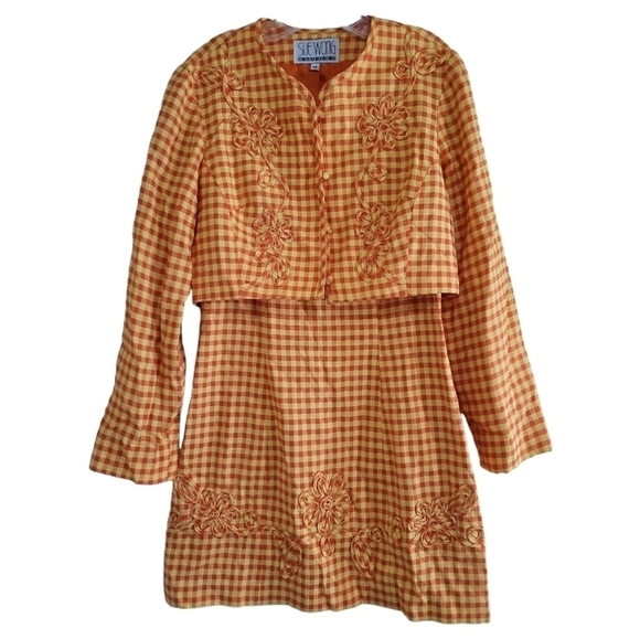 Sue Wong 90s Y2K Clueless Mini Dress Cropped Jacket Set Orange Yellow Gingham - Picture 9 of 10